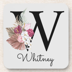 Monogram Initiaal W Pink Boho Floral Bier Onderzetter