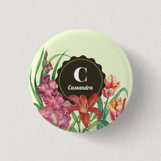 Monogram Initiaal Warm Kleur Floral Spring Blooms Ronde Button 3,2 Cm (Voorkant)