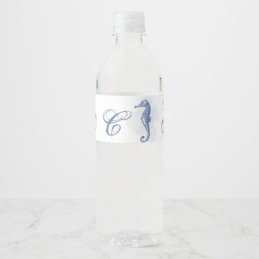 Monogram Initiaal Waterflesetiket Seahorse Zee Waterfles Etiket (Voorkant)