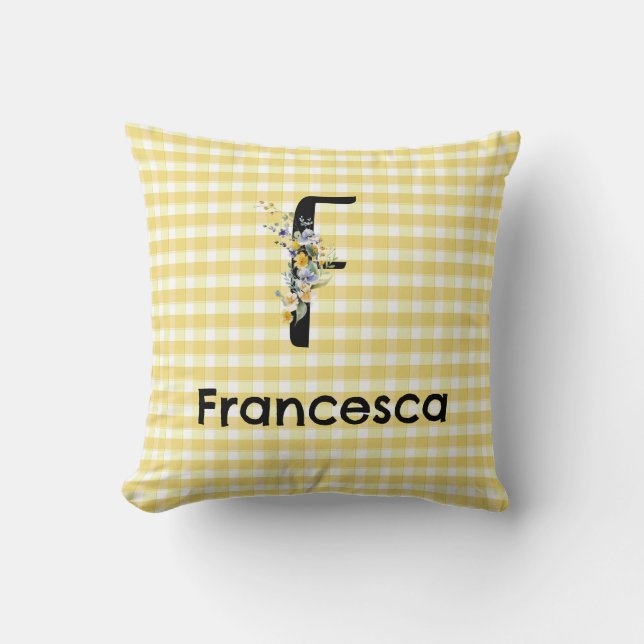 Monogram initiaal waterverf bloem gingham patroon kussen (Voorkant)