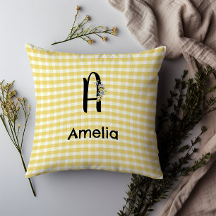 Monogram initiaal waterverf bloem gingham patroon kussen