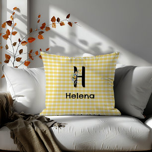 Monogram initiaal waterverf bloem gingham patroon kussen