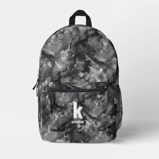 Monogram Initiaal Waterverf Zwart Wit Meisjes Bedrukte Rugzak (Voorkant)