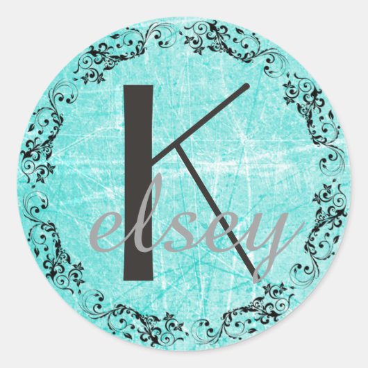 Monogram Initiaal Zwart en Blauwgroen Letter Stick Ronde Sticker (Voorkant)