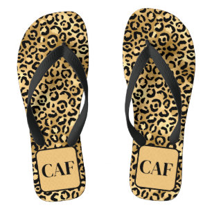Monogram Initiaal Zwart Goud Luipaard Cheetah Prin Teenslippers