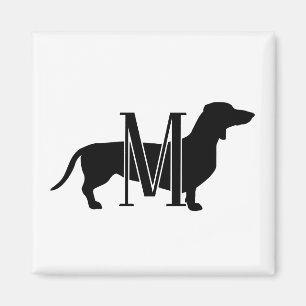Monogram Initiaal Zwarte & Witte Doxie Silhouet  Magneet