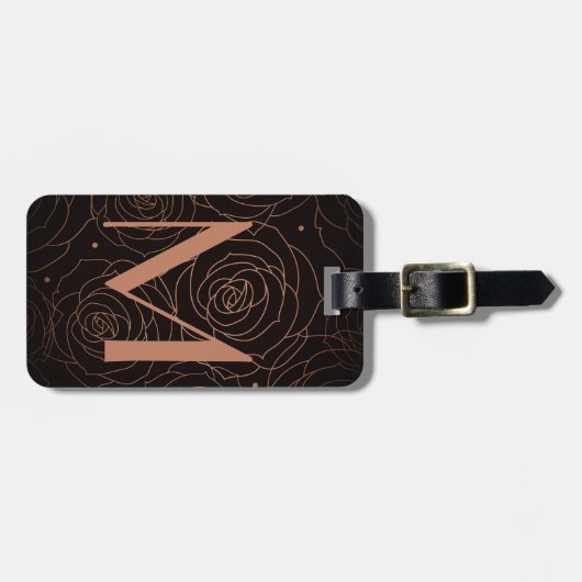 Monogram Initial Dark Floral Golden Salmon Bagagelabel (Voorkant horizontaal)