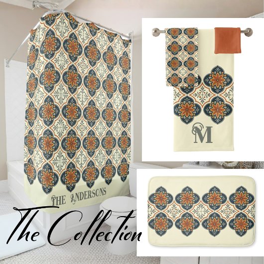 Monogram Initial Spanish Tiles Flower Pattern  Bad Handdoek