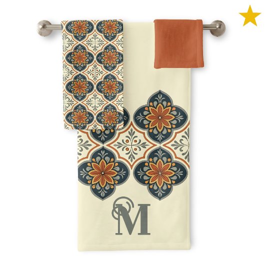 Monogram Initial Spanish Tiles Flower Pattern Bad Handdoek