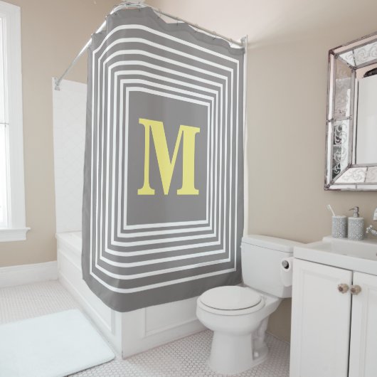 Monogram Initialen Aangepaste naam Grijs Geel Geel Douchegordijn (In situ)
