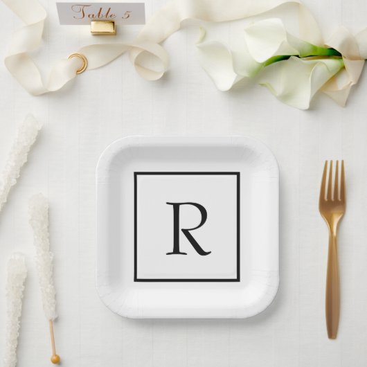 Monogram Initialen Aangepaste naam Zwart-wit rende Papieren Bordje (Huwelijk)