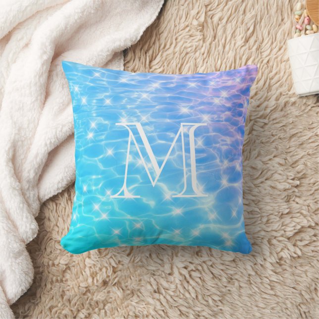 Monogram Initialen blauw water rimpelwatertextuur Kussen (Deken)
