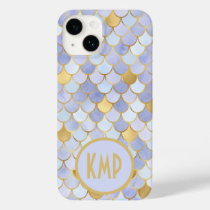 Monogram Initialen Blue Gold Mermaid Scales Case-Mate iPhone 14 Hoesje
