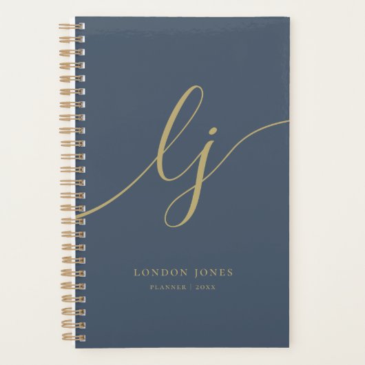 Monogram Initialen Business Gold Script Navy Planner (Voorkant)