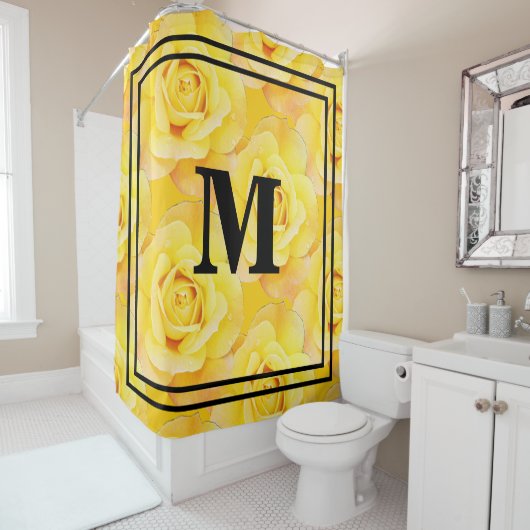 Monogram Initialen Geel Bloemen  Rustiek Douchegordijn (In situ)