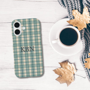 Monogram Initialen Groen Blauw Beige Plaid Tartan iPhone 16 Hoesje