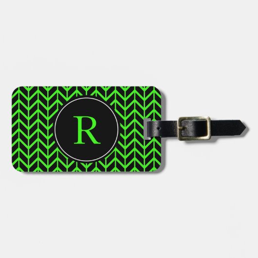 Monogram Initialen Herringbone Pattern Neon Green Bagagelabel (Voorkant horizontaal)