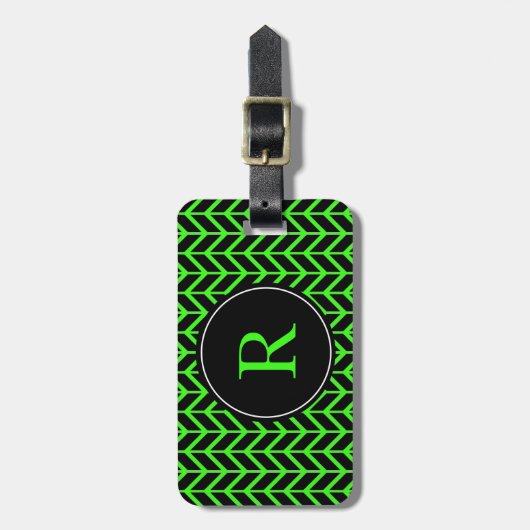 Monogram Initialen Herringbone Pattern Neon Green Bagagelabel (Voorkant verticaal)