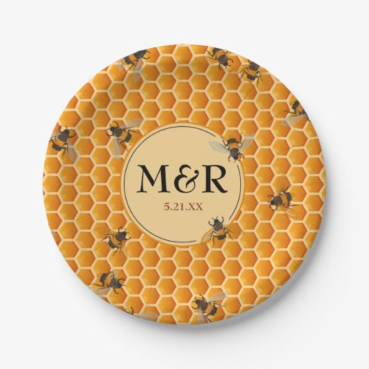 Monogram Initialen Honeycomb bijen Gold Papieren Bordje (Voorkant)