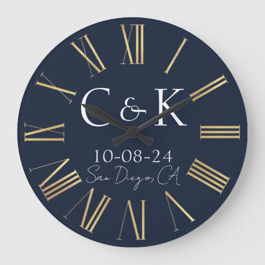 Monogram Initialen Navy Blue Bruiloft Grote Klok (Voorkant)