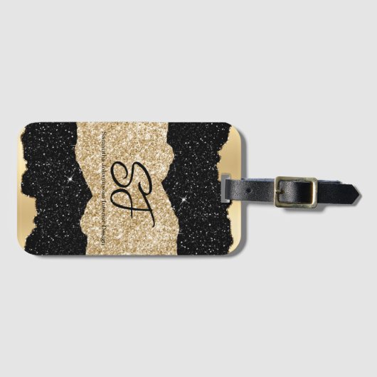 Monogram Initialen op Black en Gold Glitter Bagagelabel (Voorkant (horizontaal))