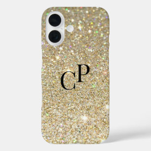 Monogram Initialen op Faux Gold Glitter Achtergron iPhone 16 Hoesje