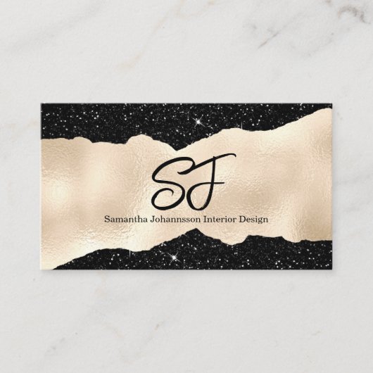 Monogram Initialen op Luxe Zwart en Goud Visitekaartje (Voorkant)