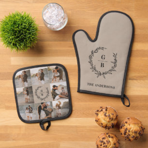 Monogram Initialen paar familie krans multi foto Ovenwant & Pannenlap Set