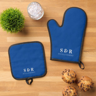 Monogram Initialen Paar Naam Blauw Ovenwant & Pannenlap Set