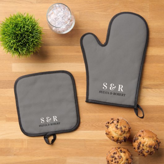 Monogram Initialen Paar Naam Grijs Ovenwant & Pannenlap Set (Top down)