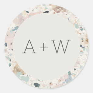 Monogram Initialen Pastel Terrazzo Patroon Bruilof Ronde Sticker