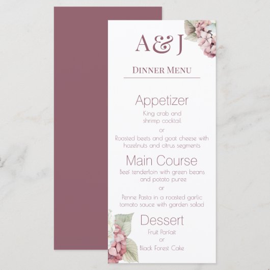 Monogram Initialen Roze & Witte Hydrangea Bloemen Menu (Voorkant / Achterkant)