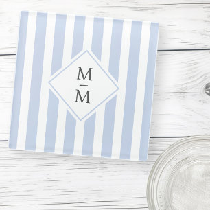 Monogram initialen stoffige lichtblauwe witte stre glazen onderzetter