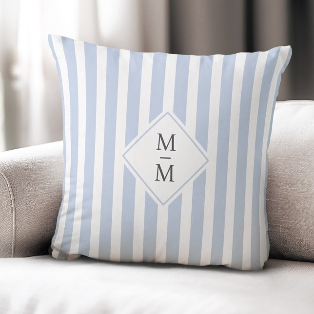 Monogram initialen stoffige lichtblauwe witte stre kussen (Monogram initials dusty light blue white stripes throw pillow)