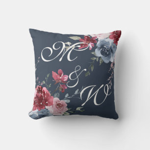 Monogram Initialen Stusty Roos Blauw Floral Donker Kussen