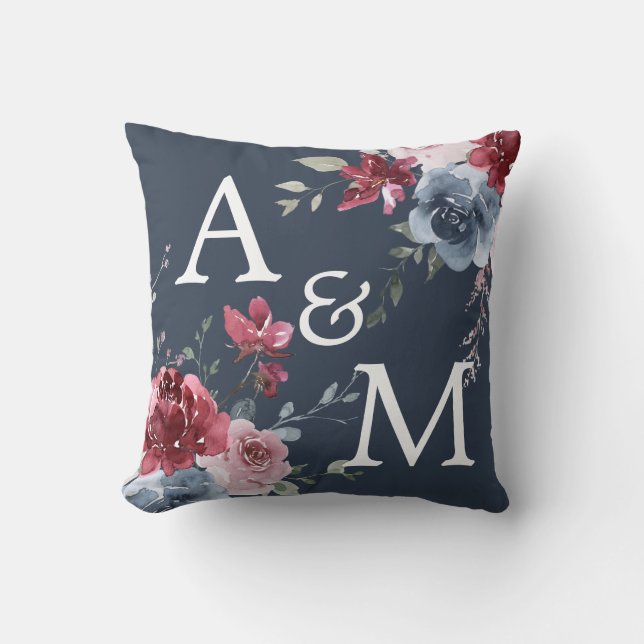 Monogram Initialen Stusty Roos Blauw Floral Donker Kussen (Voorkant)
