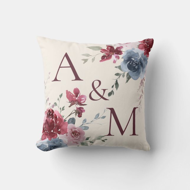 Monogram Initialen Stusty Roos Blue Floral Ivory Kussen (Voorkant)