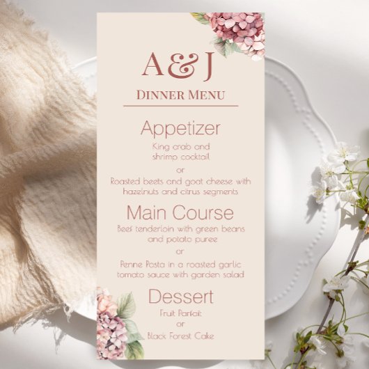 Monogram Initialen Waterverf Hydrangea Bloemen Menu