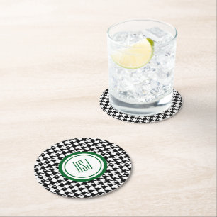 Monogram Initialen, zwart-wit Houndstooth (6) Ronde Kartonnen Onderzetter
