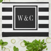 Monogram Initialen Zwart Witte Stripe Persoonlijk Theedoek (Gevouwen)