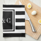 Monogram Initialen Zwart Witte Stripe Persoonlijk Theedoek (Quarter Fold)