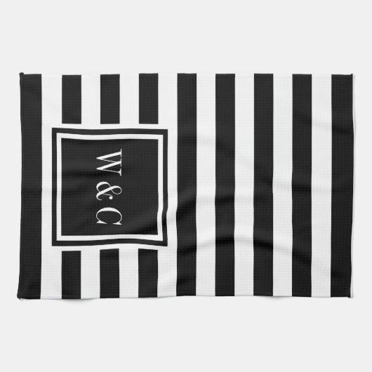 Monogram Initialen Zwart Witte Stripe Persoonlijk Theedoek (Horizontaal)