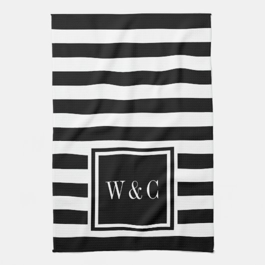 Monogram Initialen Zwart Witte Stripe Persoonlijk Theedoek (Verticaal)