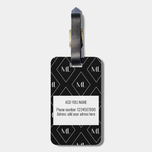 Monogram Initials Geometric Pattern Black Bagagelabel (Achterkant verticaal)