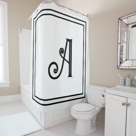 Monogram Initials Name Black White Custom Script  Douchegordijn (In situ)