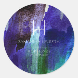 Monogram iriserende indigo geborstelde Waterverf Ronde Sticker