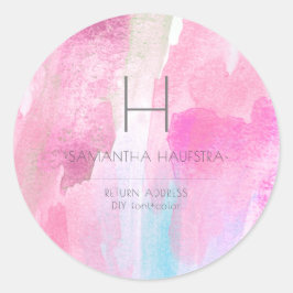 Monogram iriserende roze roos geborstelde Waterver Ronde Sticker