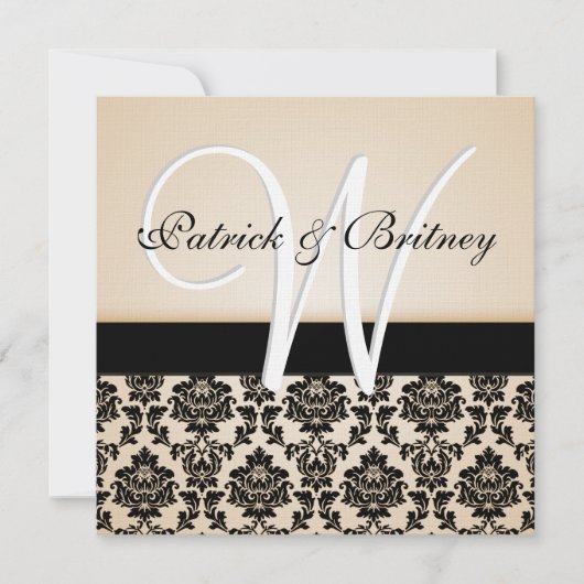 Monogram Ivory & Black Damask Wedding Invitations Kaart (Voorkant)