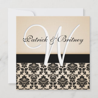 Monogram Ivory & Black Damask Wedding Invitations Kaart