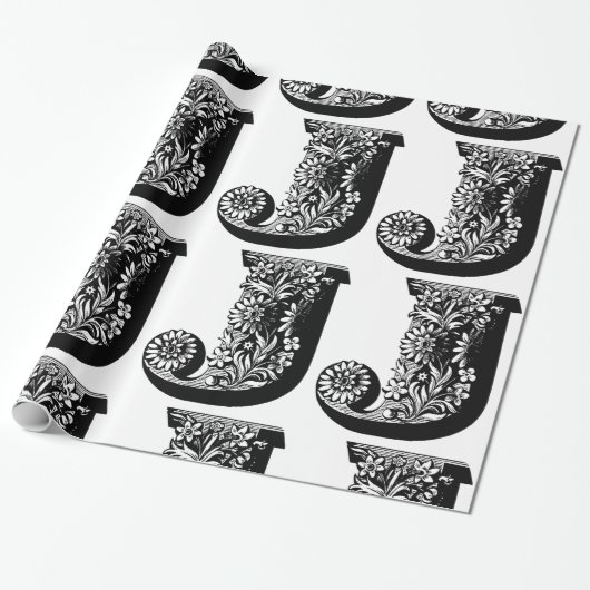 Monogram J Initiaal Black en White Floral Pattern Cadeaupapier (Uitgerold)